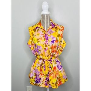 Vintage 70s Lady Manhattan Vibrant Floral Sleeveless Top Belted Size Large Retro